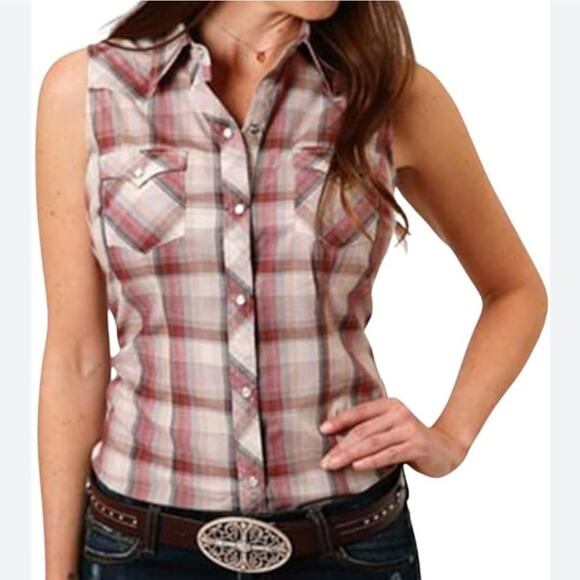 Wrangler pearl snap women's sleeveless button down shirt pink‎ Plaid medium - Picture 1 of 7
